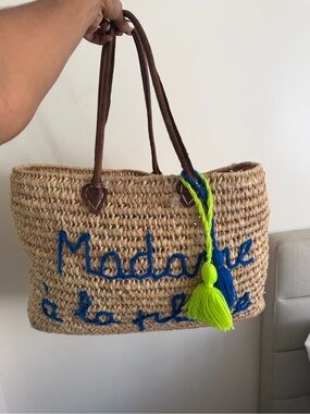 Woven Straw Tote Bag with Blue Script and Neon Tassels